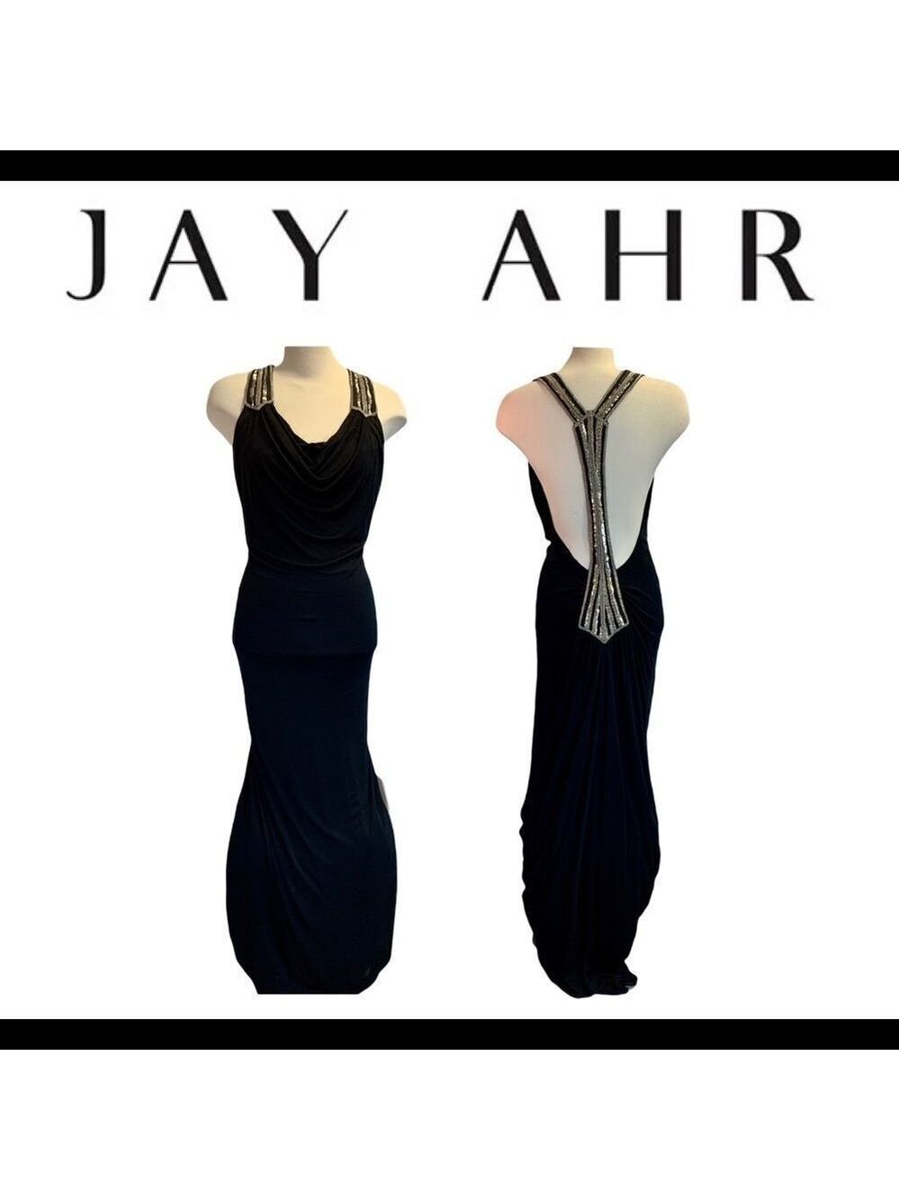 𝅺JAY Ahr Black Beaded Sequin Gown Dress Size Medium
